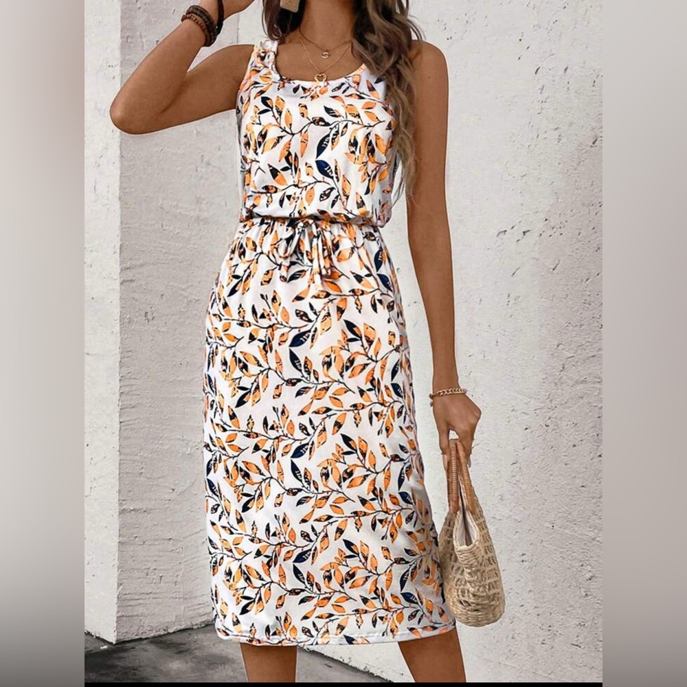 Pink and Orange Sleeveless Midi Sundress for Wedding Guest